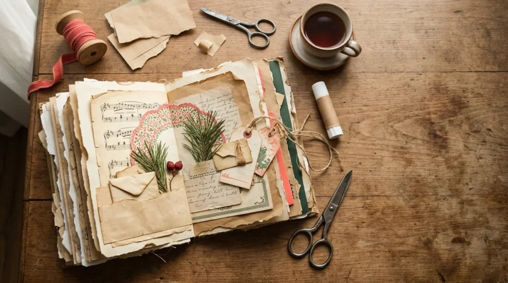 Open vintage Christmas junk journal with layered paper, tags and sheet music