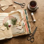 Open vintage Christmas junk journal with layered paper, tags and sheet music